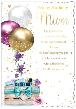 Make Mum's birthday extra special with this beautifully designed card! Adorned with shimmering gold, white, and purple balloons, it evokes a sense of celebration and joy. Golden confetti, hearts, and stars sprinkle across the design, leading down to a charming wooden crate brimming with beautifully wrapped gifts and delicate purple flowers. The warm, heartfelt message inside wishes Mum a day of relaxation and expresses deep appreciation for everything she does, making her feel truly cherished. It's the perfect way to send loving birthday wishes. Supplied by Out of The Blue Studios Ltd, this delightful card comes in a convenient pack of 6, ready for your retail display.