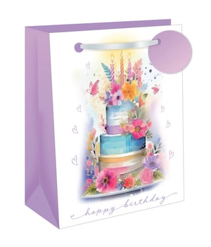 Present birthday gifts beautifully with our Extra Large Floral Cake Gift Bag! This delightful bag showcases a gorgeous watercolour illustration of a multi-tiered birthday cake, richly decorated with vibrant flowers and glowing candles. Delicate butterflies flutter amidst scattered hearts, adding a charming touch, while elegant "happy birthday" script graces the bottom. The soft purple accents on the sides and handle perfectly frame this artistic design. Its extra-large capacity makes it ideal for those more generous presents. Stock up on these enchanting bags from Out of The Blue Studios Ltd., available in a convenient pack size of 1x6, ensuring you're always ready for celebrations.