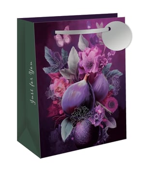 Present your gifts in style with our exquisite Extra Large Mission Figs Gift Bag, brought to you by Out of The Blue Studios Ltd. This generously sized bag boasts a captivating design of deep purple mission figs nestled amongst elegant floral blooms and delicate butterflies, all set against a rich, dark background. The thoughtful 'Just for You' message on the dark green side adds a personal touch. Finished with a luxurious silver ribbon handle and a coordinating gift tag, it's perfect for any special occasion. Stock up with our convenient pack size of 1x6 and offer your customers truly memorable gift packaging.