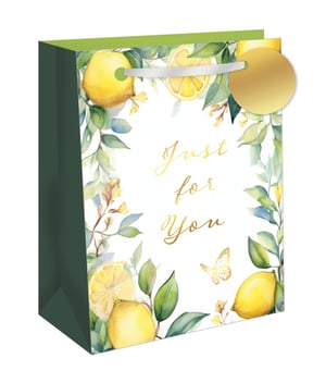 Brighten someone's day with our Extra Large Limona Wishes Gift Bag, brought to you by Out of The Blue Studios Ltd. This exquisite gift bag features a delightful watercolour design of zesty lemons, lush green foliage, and a charming golden butterfly, all framed beautifully on a crisp white background.

The elegant "Just for You" script, rendered in shimmering gold, adds a personal and heartfelt touch, making it perfect for any special occasion. With its rich dark green side panels, sturdy white ribbon handles, and a stylish gold gift tag, this extra large bag is both practical and visually stunning. Offer your customers a touch of sunshine and sophistication. Available in a convenient pack of 6.