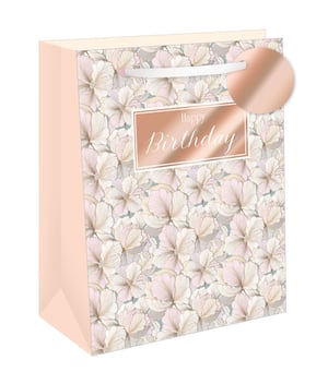 Make every birthday gift extra special with our stunning Extra Large Birthday Blossoms Gift Bag. Designed by Out of The Blue Studios Ltd., this elegant bag features a beautiful pattern of delicate, soft-hued blossoms that exude charm and sophistication.

The "Happy Birthday" message shines in a luxurious rose gold foil, adding a touch of glamour that customers will adore. Its generous extra-large size is perfect for accommodating a wide range of gifts, while the sturdy construction and elegant ribbon handle ensure a premium feel. Offer your customers a truly delightful way to present their birthday surprises. Available in a convenient pack of 6.