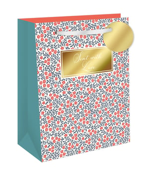 Offer your customers a truly special way to present their gifts with our Large Sent With Love Floral Gift Bag. This beautifully designed bag features a charming pattern of delicate red flowers and lush green foliage on a cream background, perfectly accented by stylish teal sides and a vibrant coral top. The elegant gold 'Sent with Love' label and matching tag add a heartfelt touch, making it ideal for any thoughtful present. Complete with sturdy white ribbon handles, these bags combine practicality with exquisite design. Available in a wholesale pack of 6, they're a perfect addition to your retail offering.