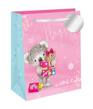 Make every birthday extra special with our delightful Large Birthday Hugs Gift Bag! This charming bag features an adorable fluffy koala, ready to share a stack of beautifully wrapped presents. Against a soft pink background adorned with sparkling stars and delicate swirls, the sweet message "Sending Hugs" shines brightly.
The bag's side panel in a complementary light blue with star patterns adds a lovely touch, while a sturdy white ribbon handle and a shiny silver gift tag complete the look. Perfect for holding those cherished birthday surprises, this bag is designed to bring smiles and warmth to any celebration. It's the ideal way to present your thoughtful gift with an extra touch of cuteness!