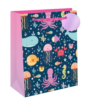 Dive into fun with our Large Under The Sea Gift Bag! This adorable bag features a vibrant dark blue background teeming with friendly sea creatures like whales, octopuses, jellyfish, and seahorses. Perfect for any ocean-themed celebration, it comes complete with sturdy pink ribbon handles and a matching gift tag. The cheerful design and generous size make it ideal for presenting gifts for birthdays, parties, or any special occasion. Supplied by Out of The Blue Studios Ltd. in a convenient pack of 6, these bags are a delightful addition to your retail collection. Make every gift extra special!