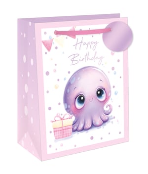 Make every birthday celebration extra special with our delightful Large Birthday Octopus Gift Bag! This charming bag features the most adorable purple octopus, complete with big, sparkling eyes and a sweet smile, ready to share a little gift. The design is complemented by a cheerful "Happy Birthday" message, colourful confetti dots, and playful bunting, all set against a crisp white background.
With soft pink polka dot sides and a sturdy ribbon handle, this large bag is perfect for presenting those wonderful birthday surprises. Add a touch of whimsical charm to your gift wrap selection. Available in convenient packs of 6, these bags are a must-have for any retailer.