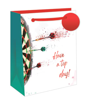 Make a winning impression with our Extra Large Double Top Gift Bag! This eye-catching bag features a dynamic dartboard design, complete with three darts hitting their mark and a vibrant splatter effect. The cheerful message, 'Have a top day!', makes it perfect for celebrating any occasion, from birthdays to achievements. Its extra-large size ensures there's plenty of room for those special presents. With sturdy red handles and a matching gift tag, it’s designed for both style and convenience. Available in a handy pack of 6, these bags from Out of The Blue Studios Ltd are a brilliant addition to any retail offering.