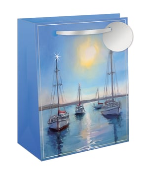 Present your gifts in style with our Extra Large Harbour Side Gift Bag. This beautiful bag features a serene painting of sailboats gently resting in a tranquil harbour, bathed in the warm glow of the sun. The calming blue hues of the water and sky, complemented by elegant silver handles and trim, make this bag perfect for any special occasion. Its extra-large size ensures plenty of space for generous presents. You'll receive a pack of six of these stunning bags, ready to add a touch of nautical charm to your gifting.