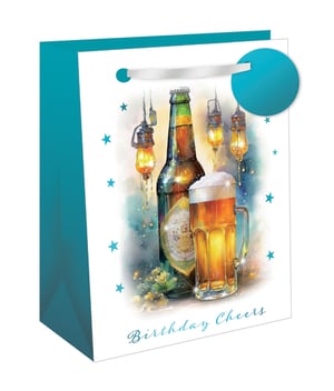 Make any birthday celebration extra special with our Extra Large Birthday Cheers Gift Bag! This vibrant bag features a beautifully illustrated beer bottle and a frothy pint, illuminated by warm, glowing lanterns and scattered with charming blue stars. The elegant 'Birthday Cheers' script adds a festive touch, making it the perfect choice for adult birthday gifts.
Its generous 'Extra Large' size ensures there's plenty of room for substantial presents, while the sturdy construction and stylish teal ribbon handles provide a premium feel. Stock up on this eye-catching design from Out of The Blue Studios Ltd, available in a convenient pack size of 1x6. It's the ideal way for your customers to present their gifts with a celebratory flourish!