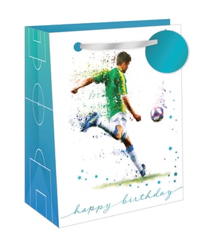Kick off the celebrations with our Extra Large Go For Goal Gift Bag! This vibrant and dynamic gift bag is ideal for any football fan's birthday. It showcases an energetic illustration of a player mid-kick, brought to life with a cool, splattered paint effect in greens and blues. The front features "happy birthday" in a stylish script, complemented by abstract football pitch graphics on the side panel. Complete with a handy blue tag, this extra-large bag is designed to make any present truly stand out. Supplied by Out of The Blue Studios Ltd., these eye-catching bags come in a convenient pack of 1x6, ensuring you're always stocked for the next big occasion.
