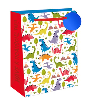 Make every gift extra special with our Extra Large Dino Fun Gift Bag! Perfect for any dinosaur enthusiast, this vibrant bag features a playful pattern of colourful prehistoric pals, from friendly T-Rexes to soaring Pterodactyls, set against a fun landscape of trees, mountains, and twinkling stars. The bold red side panel wishes the recipient to 'HAVE A ROARSOME TIME!', adding an extra touch of joy. Complete with a sturdy red ribbon handle and a charming blue gift tag, this extra-large bag is ideal for bigger presents. Supplied by Out of The Blue Studios Ltd, these bags come in a convenient pack of six, ready to delight your customers.