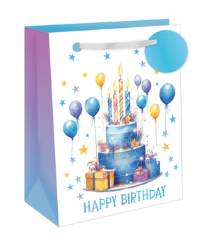 Make every birthday wish come true with our delightful Extra Large Make A Wish Gift Bag! Perfect for those extra-special presents, this generously sized bag features a stunning watercolour design. A magnificent blue tiered cake takes centre stage, complete with flickering candles, an array of colourful balloons, and twinkling stars, all set against a crisp white background. The vibrant 'HAPPY BIRTHDAY' message adds to the festive charm.
With its eye-catching purple and blue gradient side panels and sturdy ribbon handle, this bag is as practical as it is beautiful. Supplied by Out of The Blue Studios Ltd., these premium gift bags come in a convenient pack size of 1x6, making them an essential addition to your retail offering. Ensure your customers can present their gifts in style!