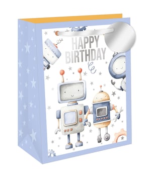 Delight your customers with our Extra Large Robot Fun Gift Bag, the perfect packaging solution for any birthday celebration! This charming bag showcases an adorable collection of watercolour-style robots, bringing a touch of whimsy to every gift. The front features a clear "HAPPY BIRTHDAY" message in elegant silver, complemented by scattered stars and playful gears. Its light blue sides are patterned with sweet white stars, enhancing its delightful design. Equipped with sturdy white ribbon handles and a stylish silver disc detail, this extra-large bag is designed to hold generous presents with ease. Supplied by Out of The Blue Studios Ltd., these eye-catching bags are available in a convenient pack size of 1x6, ensuring you're well-stocked for happy gifting moments.
