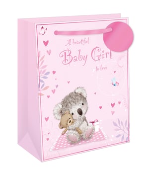 Welcome a precious new arrival with our adorable Extra Large Koala Girl Gift Bag! Designed by Out of The Blue Studios Ltd, this charming pink gift bag is the perfect way to present gifts for a baby girl.
It features a super cute koala cuddling a teddy bear, surrounded by delicate hearts, butterflies, and elegant floral accents. The sweet message, 'A beautiful Baby Girl to love,' adds a heartwarming touch. With its extra-large size, there's plenty of room for all those special baby gifts.
Available in a convenient pack size of 1x6, these delightful bags are a must-have for your baby gift selection, offering both beauty and practicality for your customers.