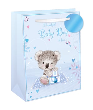 Welcome a new arrival with our delightful Extra Large Koala Boy Gift Bag! This charming blue bag showcases a cute koala playing with ABC blocks, adorned with delicate hearts and butterflies. A heartfelt message, "A beautiful Baby Boy to love," completes the design. Ideal for larger baby gifts, it features a sturdy white ribbon handle and a coordinating blue gift tag. Its gentle aesthetic and soft colours make it a wonderful choice for welcoming a baby boy. Available in a convenient pack of 6 from Out of The Blue Studios Ltd, perfect for your retail needs.