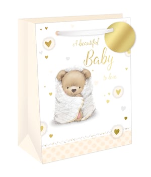 Welcome a precious new arrival with our charming Extra Large Snuggle Birth Neutral Gift Bag. This beautifully designed bag features an adorable teddy bear, lovingly snuggled in a soft white blanket, creating a truly heartwarming image.
Adorned with elegant gold script proclaiming 'A beautiful Baby to love' and delicate heart motifs, its neutral cream and gold palette makes it the perfect choice for any baby shower or new baby gift, regardless of gender. The extra-large size ensures ample space for those special presents. Complete with sturdy ribbon handles and a decorative gold tag, this bag adds a touch of warmth and luxury to your thoughtful gift.
Supplier: Out of The Blue Studios Ltd.
Pack size: 1x6
