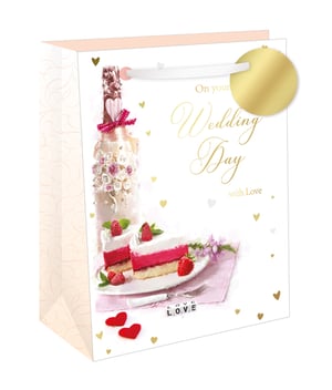 Present wedding gifts with elegance using our Extra Large Wedding Day Love Gift Bag. This beautifully designed bag features a delightful scene, including an elegant champagne bottle adorned with delicate flowers and a pink bow. Two tempting slices of raspberry cake, fresh berries, and charming 'LOVE' letter tiles add to the romantic feel, complemented by scattered gold and soft pink hearts. The message 'On your Wedding Day with Love' is gracefully scripted in gold. With its generous size and sturdy ribbon handles, this gift bag offers a lovely way to celebrate the happy couple and their special day.