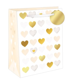 Make every gift extra special with our stunning Extra Large Golden Hearts Gift Bag. Adorned with a delightful array of golden and soft cream hearts, this elegant bag is perfect for celebrating love, friendship, and joy. Its generous size makes it ideal for larger presents, ensuring your customers can package their thoughtful gifts beautifully.
Featuring sturdy white ribbon handles for comfortable carrying and a charming circular gold gift tag, this bag adds a touch of luxury to any occasion – from weddings and anniversaries to birthdays and Valentine's Day. Stock up on this versatile design from Out of The Blue Studios Ltd. Each purchase includes a convenient pack of 6 bags.