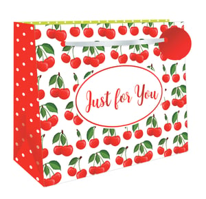 Make every gift extra special with our Extra Large Cherry Wishes Shopper Gift Bag! This delightful bag features a vibrant pattern of juicy red cherries on a crisp white background, complemented by charming red and white polka dot side panels. The sweet "Just for You" message, elegantly displayed in a central oval, adds a thoughtful touch, making it perfect for birthdays, thank yous, or any celebration.
Its extra-large size ensures there's plenty of room for even the most generous presents. Supplied by Out of The Blue Studios Ltd, these eye-catching bags are available in a convenient pack of 6, ready to brighten up your retail offering. Give your customers the perfect way to present their gifts with this cheerful and stylish shopper bag.