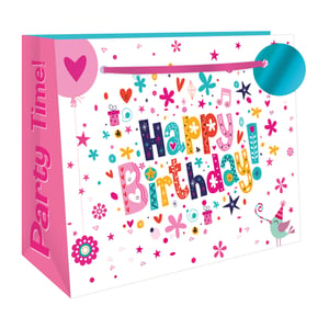 Get ready to celebrate with our vibrant Large Party Time Shopper Gift Bag! Perfect for any birthday occasion, this eye-catching bag features a cheerful "Happy Birthday!" message in a playful, multi-coloured font. The design is bursting with fun elements like confetti, stars, hearts, flowers, and even a cute little bird in a party hat, all set against a crisp white background.
The bright pink side panel proudly declares "Party Time!", complementing the sturdy pink ribbon handles. This spacious shopper bag is ideal for presenting a wide range of gifts, making every present feel extra special. Stock up on these delightful bags to ensure your customers have the perfect packaging for their celebrations.
Supplied by Out of The Blue Studios Ltd, each pack contains 6 of these fantastic gift bags. Add a splash of joy to your retail offering!