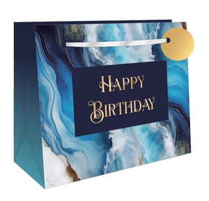 Elevate your gift-giving with our exquisite Extra Large Marble Magic Gift Bag. This stunning design features a mesmerising swirl of deep blues, crisp whites, and delicate gold accents, creating a truly luxurious marble effect. The elegant navy panel, adorned with 'HAPPY BIRTHDAY' in a beautiful gold script, ensures every present feels extra special. Complete with sturdy white ribbon handles and a sophisticated gold gift tag, this bag is perfect for celebrating any milestone. Supplied by Out of The Blue Studios Ltd., these premium bags come in a convenient pack of 6, making them an ideal choice for retailers seeking high-quality, eye-catching gift solutions.