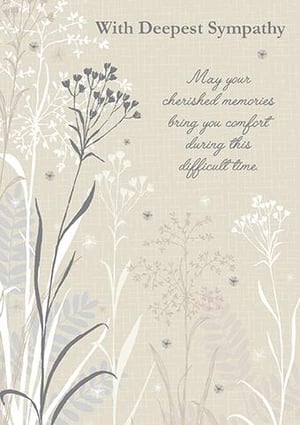 Offer your customers a thoughtful way to express their condolences with our 'Sympathy' card from Paper Rose. This elegant design features delicate botanical illustrations in a calming palette of soft greys and creams, set against a subtle textured background. The heartfelt message, 'May your cherished memories bring you comfort during this difficult time,' provides a gentle sentiment. Each pack contains 6 cards, perfect for retail display. A sensitive and elegant choice for those seeking to offer comfort during difficult times.