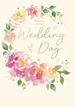 Celebrate the happy couple's special day with this exquisite 'Wedding Day' card from Paper Rose. This beautiful design features a stunning watercolour floral wreath, bursting with soft pinks and yellows, and elegantly accented with shimmering gold foil. Delicate hearts, lucky horseshoes, and subtle wedding rings are woven into the design, adding charm and sentiment. The heartfelt message 'With love on your Wedding Day' is presented in elegant gold script. Perfect for conveying warm wishes, this card is sure to be a cherished keepsake. Available in a convenient pack size of 1x6, it's an ideal addition to your greeting card collection, offering customers a truly memorable way to share their love.