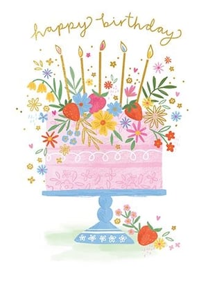 Celebrate in style with our delightful Open Birthday Female card from Paper Rose. This charming design features a beautifully illustrated pink birthday cake, adorned with an abundance of vibrant flowers, fresh strawberries, and glowing golden candles. The whimsical 'happy birthday' script adds a touch of elegance, while scattered golden accents enhance the celebratory feel. Perfect for sending warm wishes to any special woman, this card is sure to bring a smile. Each pack contains 6 cards, ready to brighten someone's day.