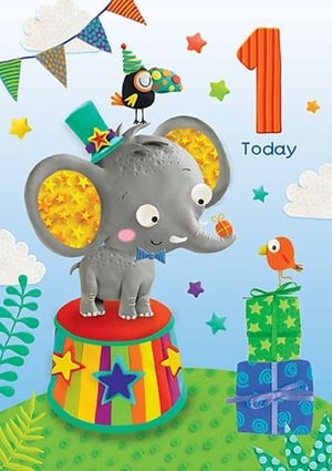 Celebrate a very special milestone with our adorable "Age 1 Male" birthday card from Paper Rose! This charming design is perfect for wishing a happy first birthday to a little boy.

Featuring a delightful grey elephant, complete with a snazzy green top hat and blue bow tie, perched playfully on a vibrant, striped circus drum. A cheerful bird friend sits atop the elephant, while another watches over a stack of colourful presents. The card is bursting with festive details like twinkling stars and celebratory bunting, all rendered in a wonderfully textured, tactile style that truly brings the scene to life.

With its bright colours and captivating characters, this card is sure to bring a smile to any family celebrating a baby's first year. Available in a convenient pack of 6.