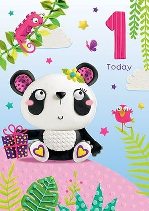 Celebrate a precious first birthday with this utterly charming "Age 1 Female" card from Paper Rose. This delightful design features an adorable panda, complete with a sweet flower in her hair, holding a special gift. The vibrant, clay-effect artwork brings to life a playful scene with a pink chameleon, a little bird, and a scattering of stars, all set against a soft blue sky and a textured pink landscape. Perfect for a baby girl's milestone first birthday, its tactile style and bright colours are sure to bring a smile. Each pack contains 6 cards, ready to add a touch of magic to your retail offering.