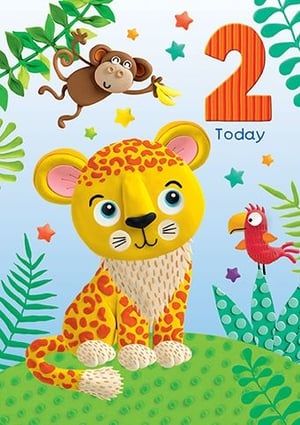 Celebrate a special little one's second birthday with this adorable card from Paper Rose! Featuring a charming jungle scene, this card showcases a friendly leopard, a playful monkey swinging with bananas, and a colourful parrot, all crafted in a delightful textured style. The bold "2 Today" makes it perfect for marking this milestone. With vibrant colours and cute characters, it's sure to bring a smile to any young boy's face. This Age 2 Male card is an ideal addition to your greeting card selection, offering a cheerful design for a memorable occasion. Available in a convenient pack size of 1x6.