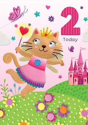 Celebrate a special little one's second birthday with this enchanting card from Paper Rose! Our 'Age 2 Female' design features an adorable, textured cat princess, complete with a sparkling crown, fairy wings, and a magical wand. She's ready to sprinkle birthday joy amidst a whimsical scene of colourful flowers, playful butterflies, and a charming pink castle.

The vibrant colours and delightful, crafted style make this card truly stand out. Perfect for wishing a happy 2nd birthday, it's sure to bring a smile to any young recipient. Available in a convenient pack of 6, it's an ideal addition to your greeting card selection for young children's milestones.