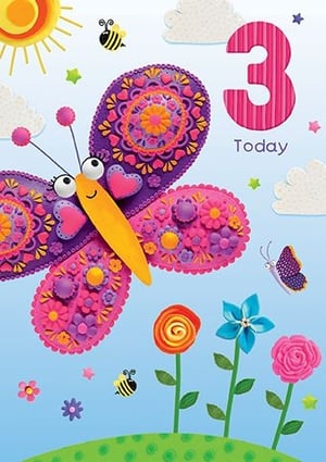 Make a little girl's third birthday extra special with this enchanting card from Paper Rose. Featuring a magnificent, textured butterfly in vibrant shades of purple, pink, and orange, it's sure to bring a huge smile.

The cheerful design captures the joy of turning three, set against a bright blue sky with a beaming sun, fluffy clouds, and buzzing bees. A delightful garden of colourful flowers adds to the playful scene, making it truly memorable. The bold '3 Today' stands out, celebrating her big day.

Perfect for a special little girl, this card is a wonderful way to mark her milestone birthday. Stock up with this convenient pack of 6.
