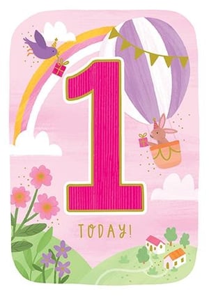 Mark a truly special milestone with this delightful 'Age 1 Female' birthday card from Paper Rose. Bursting with joy and vibrant colours, the design centres around a bold, bright pink '1'. Adorable characters bring the scene to life: a sweet bunny floats in a hot air balloon, while a charming bird perches on a rainbow, both ready to celebrate with gifts. Whimsical clouds, rolling green hills dotted with flowers, and quaint little houses create an enchanting backdrop. This card, with its friendly 'TODAY!' message, is the perfect way to congratulate a little girl on her first birthday. Supplied by Paper Rose, pack size 1x6.