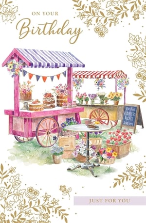 Make her birthday extra special with this enchanting card from Paper Rose. Our 'Open Birthday Female' design showcases a beautifully illustrated watercolour scene, bustling with charming market stalls. One stall overflows with delectable cakes and sweet treats, while the other bursts with vibrant, fresh flowers. Delicate gold foliage frames the heartfelt 'ON YOUR Birthday' message, making this card a truly delightful way to send your warmest wishes. Perfect for any female recipient, this card captures a joyful, celebratory spirit. Available in a convenient pack of 6.