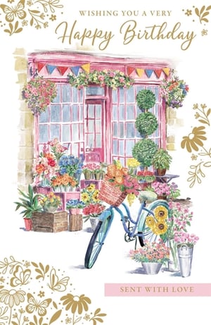 Delight your customers with this enchanting 'Open Birthday Female' card from Paper Rose. This beautiful watercolour illustration transports you to a charming flower shop, brimming with vibrant blooms. A vintage-style bicycle, laden with a basket of fresh flowers and sunflowers, adds a whimsical touch to the picturesque scene. Adorned with colourful bunting and lush hanging baskets, the pink-fronted shop creates a truly joyful and celebratory atmosphere. Perfect for sending warm wishes to any special woman, this card captures the essence of a happy birthday. Each pack contains 6 cards, ready to brighten your shelves and your customers' day.