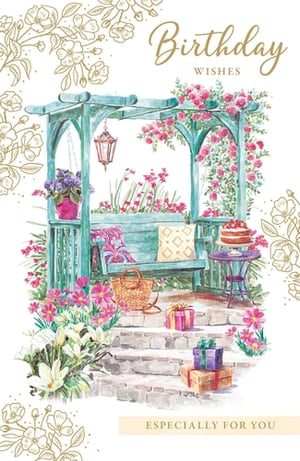 Send warm wishes with this enchanting 'Open Birthday Female' card from Paper Rose. Featuring a delightful watercolour illustration, this card captures the serene beauty of a garden arbour adorned with climbing pink roses and vibrant flowers. A cosy swing seat, a delicious birthday cake, and charming gifts create an idyllic scene, perfect for celebrating. Elegant gold floral accents and an "Especially for You" message add a sophisticated touch. This lovely design is ideal for any special woman. Each pack contains 6 cards, ready to bring joy to your customers' celebrations.