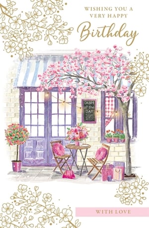 Offer your customers a truly delightful way to celebrate with this enchanting Open Birthday Female card from Paper Rose. This beautiful design showcases a picturesque cafe scene, brought to life with vibrant pink cherry blossoms and charming details.
The inviting illustration features an outdoor seating area with elegant chairs, a small table adorned with a stunning floral bouquet, and thoughtful gift bags, all under a quaint striped awning. Gold floral accents frame the heartfelt "WISHING YOU A VERY HAPPY Birthday" message, adding a touch of sophistication. Perfect for any special woman, this card exudes warmth and celebration.
Stock up on this popular choice, available in a convenient pack of 6.