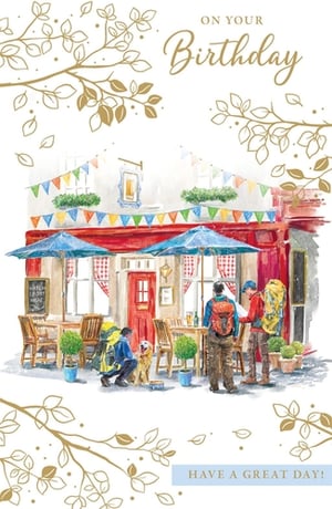 Celebrate special birthdays with this delightful "Open Birthday Male" card from Paper Rose. This charming design features a picturesque watercolour scene, showing hikers enjoying a well-deserved break at a cosy pub, complete with a friendly dog. Golden leafy branches and festive bunting add a touch of warmth and celebration to the illustration. With the elegant message "ON YOUR Birthday" and "HAVE A GREAT DAY!", it's ideal for anyone who loves the outdoors, good company, and relaxing moments. Offer your customers this inviting card, perfect for conveying heartfelt wishes. Available in a convenient 1x6 pack, it's a wonderful addition to your greeting card selection.