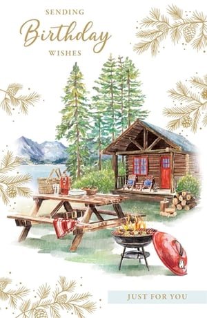 Invite them to celebrate with this charming Open Birthday Male card, perfect for the outdoor enthusiast. This beautifully illustrated watercolour design transports you to a serene lakeside retreat, where a rustic log cabin is nestled amongst tall pine trees. A welcoming picnic table is laden with treats, and a BBQ is sizzling, ready for a feast. The tranquil mountains and shimmering lake in the background complete this idyllic scene, making it a truly inviting image. With 'Sending Birthday Wishes' elegantly presented and 'Just For You' adding a personal touch, this card is a wonderful way to convey your warmest regards. It’s a thoughtful choice for anyone who appreciates nature and good times.