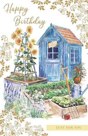 Celebrate a special day with this delightful 'Open Birthday Male' card from Paper Rose. This charming design features a beautifully illustrated garden scene, complete with a rustic blue shed, vibrant sunflowers climbing a trellis, and flourishing raised vegetable beds. Lavender and other colourful plants add to the serene atmosphere, alongside classic gardening tools.
With "Happy Birthday" elegantly scripted at the top and "JUST FOR YOU" at the bottom, this card offers a warm and thoughtful message. It's perfect for any garden enthusiast or anyone who appreciates the beauty of nature. Each wholesale pack contains 6 cards, making it an ideal choice for your retail offering.