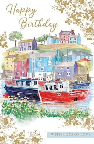 Celebrate his special day with this charming 'Open Birthday Male' card from Paper Rose. Featuring a delightful watercolour illustration, this card transports you to a picturesque coastal village, complete with colourful houses nestled on a hillside and two traditional fishing boats gently bobbing in the harbour.
The vibrant hues and intricate details bring this idyllic scene to life, making it a truly eye-catching design. Adorned with elegant gold foil accents and the heartfelt message 'Happy Birthday' on the front, it’s finished with 'With Lots of Love' inside. Perfect for any man, this versatile card offers a warm and thoughtful way to send your best wishes. Available in a convenient wholesale pack of 6, it's a wonderful addition to your greeting card collection.
