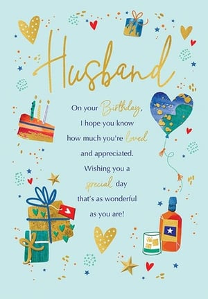 Celebrate that special man with our 'Husband' birthday card from Paper Rose. This beautifully designed card features a warm, heartfelt message: "On your Birthday, I hope you know how much you're loved and appreciated. Wishing you a special day that's as wonderful as you are!"
Adorned with charming illustrations including a birthday cake, festive gifts, a celebratory drink, and sparkling gold accents, it’s perfect for showing appreciation. The elegant gold script and soft blue background create a truly lovely card. Stock up on this thoughtful design, supplied in a convenient pack of 6, and help your customers make their husband's birthday extra special.