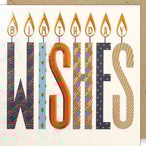 Make every birthday special with these stylish "Birthday Wishes" cards from Paper Rose. The design features "BIRTHDAY" spelled out in candle flames, with "WISHES" forming the decorative candle bodies below. Rich navy and cool blue shades are enhanced by metallic copper foil accents, giving each card a premium feel. You'll find a range of intricate patterns, including Art Deco motifs, geometric designs, and classic polka dots, adding visual interest. Perfect for male recipients, these cards offer a contemporary and thoughtful way to send your greetings. Each wholesale pack contains 6 cards, ensuring you're well-stocked for upcoming celebrations.