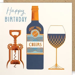 Raise a toast to birthdays with this stylish 'Open Birthday Male' card from Paper Rose. Featuring a sophisticated illustration of a wine bottle, glass, and corkscrew, this design is perfect for the discerning gentleman. Elegant gold accents, deep blue, and light blue hues create a truly refined look, complete with 'Happy Birthday' and 'Cheers' messages. It's the ideal way to celebrate any male's special day. Available in a convenient pack of six, these charming cards are a must-have for your retail collection. Offer your customers a touch of class and celebration.