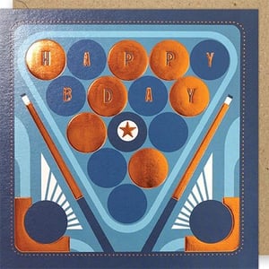 Introduce a touch of class to your birthday card selection with this 'Open Birthday Male' card from Paper Rose. This striking design features a stylish billiards table illustration, where shimmering copper foil balls spell out 'HAPPY BIRTHDAY' against a backdrop of rich blues. Two elegant pool cues and a star-detailed ball complete the sophisticated look. The premium foil accents give this card a truly eye-catching appeal, making it a perfect choice for customers seeking a unique and memorable birthday greeting for the men in their lives. Supplied in a convenient pack of 6, it's an excellent addition to any retail display.