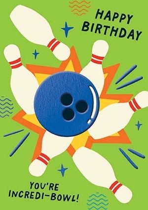 Strike a perfect birthday note with this vibrant 'Incredi-Bowl' card from Paper Rose! Designed for male recipients, this lively greeting features a dynamic bowling ball mid-strike, surrounded by scattered pins and a burst of celebratory energy, all on a bright green background. The playful 'YOU'RE INCREDI-BOWL!' message adds a fun, memorable touch. It's the ideal way to send cheerful birthday wishes that are sure to stand out. Each wholesale pack contains 6 of these eye-catching cards, making them a fantastic addition to your greeting card display and a guaranteed hit with customers looking for something fun and unique.