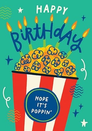 Get ready to celebrate with this vibrant 'Open Birthday Male' card from Paper Rose! Featuring a fun and modern design, this card is sure to bring a smile to any birthday boy or man. The eye-catching illustration showcases a classic popcorn bucket overflowing with delicious popcorn, topped with playful 'BIRTHDAY' candles.
The cheerful message 'HAPPY BIRTHDAY' is complemented by the witty 'HOPE IT'S POPPIN'' sentiment on the bucket, making it a truly memorable greeting. Perfect for a range of recipients, its bright colours and quirky style stand out. Stock up with our convenient 1x6 pack size and offer your customers a card that's full of personality and fun.