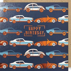 Rev up your birthday card selection with this stylish 'Open Birthday Male' design from Paper Rose! Featuring an array of classic and vintage-inspired cars in cool blues and striking metallic copper, this card is perfect for any car enthusiast or anyone who appreciates a sophisticated, retro look. The 'Happy Birthday' message is elegantly framed, adding a touch of class. With its eye-catching design and premium feel, this card is sure to be a popular choice for male recipients of all ages. Available in a convenient pack of 6, it's an essential addition to your greeting card display.