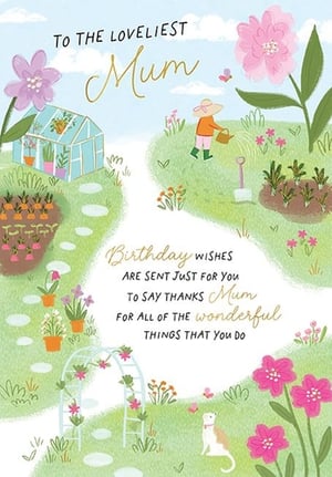 Show your appreciation for the loveliest Mum with this enchanting birthday card from Paper Rose. Adorned with a whimsical garden scene, it features a quaint greenhouse, vibrant flower beds, and a friendly cat, all rendered in a charming illustrative style. The heartwarming message inside reads: "Birthday wishes are sent just for you to say thanks Mum for all of the wonderful things that you do." This card is perfect for conveying gratitude and love on her special day. Stock up with ease, as this beautiful design comes in a convenient pack of 6. A truly delightful choice for any retailer.