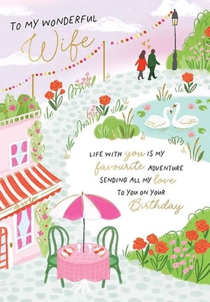 Celebrate her special day with this truly wonderful birthday card for your wife, from Paper Rose. Featuring a charming and romantic illustration, it depicts a picturesque scene with a loving couple, serene swans, and a delightful bistro setting, all adorned with vibrant flowers and twinkling lights. The heartfelt message, "LIFE WITH you IS MY favourite ADVENTURE SENDING ALL MY love TO YOU ON YOUR Birthday," perfectly captures the depth of your affection. This beautiful card is designed to make her feel cherished and adored. Available in a convenient pack of 6, it's an ideal choice for retailers looking to offer high-quality, sentimental cards.